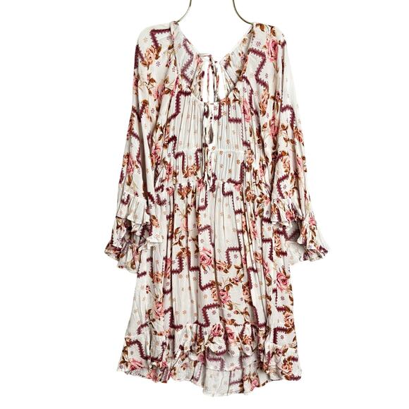 ASOS Boho Floral Open-Back Ruffle Mini Dress 70s Flared Ruffle Sleeves Size 12 - Picture 2 of 9